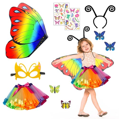 Jiahuade 10 Stück Schmetterling Kostüm Kinder Mädchen,Schmetterlingsflügel Kostüm Kinder,Schmetterling Umhang Kinder Set,Bunte Flügel, Maske, Tüllrock,Haarreif und Tattoos (A) von Jiahuade