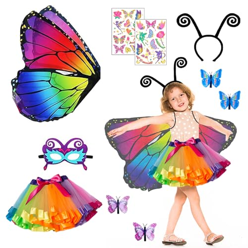 Jiahuade 10 Stück Schmetterling Kostüm Kinder Mädchen,Schmetterlingsflügel Kostüm Kinder,Schmetterling Umhang Kinder Set,Bunte Flügel, Maske, Tüllrock,Haarreif und Tattoos (B) von Jiahuade