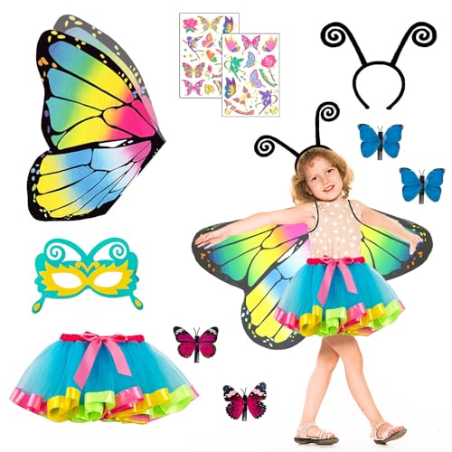 Jiahuade 10 Stück Schmetterling Kostüm Kinder Mädchen,Schmetterlingsflügel Kostüm Kinder,Schmetterling Umhang Kinder Set,Bunte Flügel, Maske, Tüllrock,Haarreif und Tattoos (C) von Jiahuade