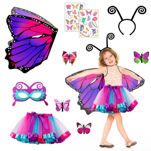 Jiahuade 10 Stück Schmetterling Kostüm Kinder Mädchen,Schmetterlingsflügel Kostüm Kinder,Schmetterling Umhang Kinder Set,Bunte Flügel, Maske, Tüllrock,Haarreif und Tattoos (D) von Jiahuade