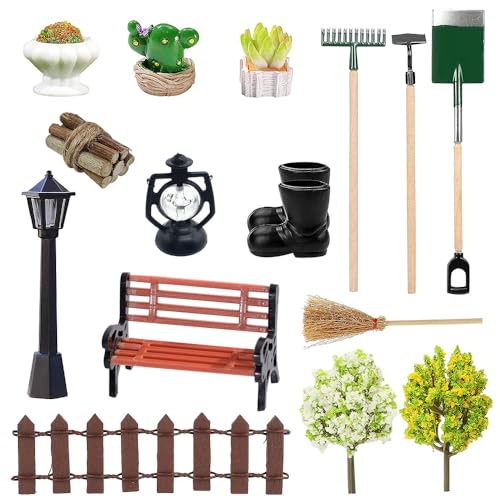 Miniatur Garten Zubehör,16 Pcs Miniatur Gartengeräte,Mini Garten Dekoration Set,Miniatur Garten Deko Puppenhaus Zubehör,Straßenlaterne Garten,Gartenbank von Jiahuade