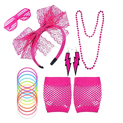 Jiakalamo 80er Jahre Retro Thema Party Kostüm Set, Lace Stirnband, Kunststoff Halskette Ohrringe, Fischnetz-Handschuhe, Neon Armband, Cosplay Gläser, 80er Kostüm Zubehör(Rose Rot) von Jiakalamo