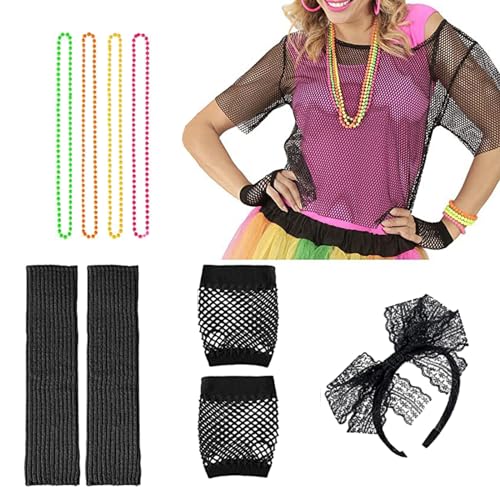 Jiangbao 80er-Jahre Accessoires für Damen – Fischnetz-Kostüme, Retro-Motto-Party-Outfits, Neon-T-Shirt, Kostüm-Zubehör, Zubehör-Set für Party von Jiangbao