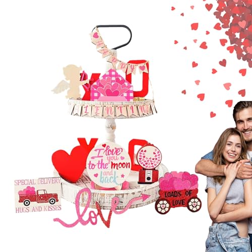 Jiangbao Bauernhaus-Valentinstag-Dekoration, gestuftes Valentinstag-Tablett-Dekor-Set | Happy Valentinstag Holzschild - Tischdekoration, Jubiläumsgeschenke für Frauen, Umarmung, Kuss, Liebesdesign, von Jiangbao