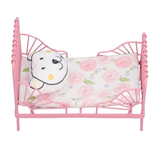 Puppenmetallbett, Dekoratives Puppenhaus Süße Miniaturbettmuster aus Eisen und Exquisitem Stoff mit Blättern für Schlafzimmer (Rosa Blumenmuster) von Jiawu