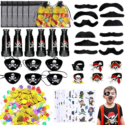 86Stück Piraten Zubehör Set,Piraten Augenklappe,Piraten Teleskop ,Schnurrbärte,Piraten Goldmünzen,Temporäre Tattoos,Piraten Party Deko Karneval Halloween Preise Geschenke für Jungen und Mädchen von Jikekiroto