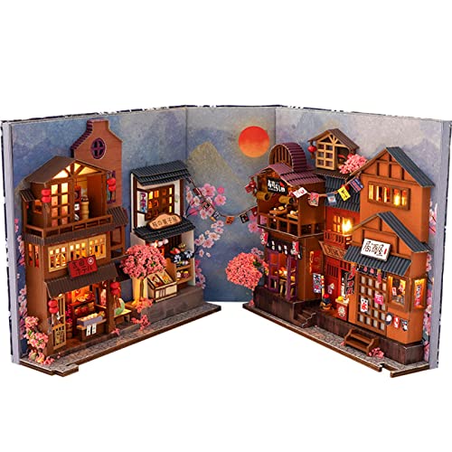 Jildouf Bücherregal Puppenhaus | Regal für Dekoreinsatz | Puzzle aus Holz Puppenhaus Bücherregal Bücherregal Miniatur Kit mit LED-Beleuchtung (Blumengasse von Jildouf