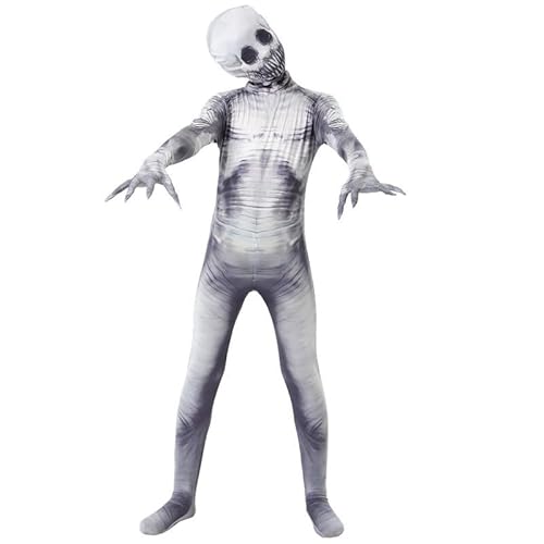 Halloween Horror Fancy Dress Zombie Kostüm Weiß Knochen Skelett Jumpsuit Baumwurzel Mann Bodysuit mit Kopfbedeckung Halloween Outfit von Jilijia