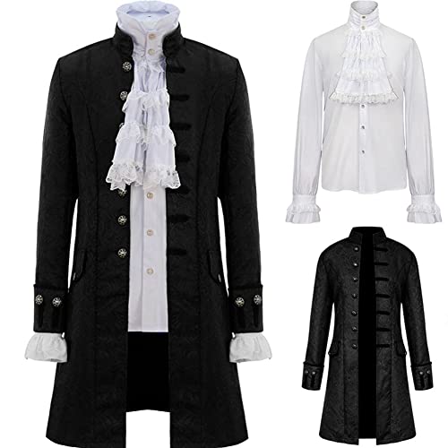 Jilijia Herren Steampunk Renaissance Uniform Set Trenchcoat Viktorianisch Edwardian Vintage Jacke Gehrock Pirat Vampir Cosplay Kostüm Outfits, Schwarz , XXL von Jilijia