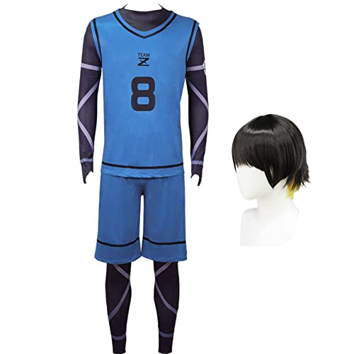 Jilijia Anime Blue Lock Cosplay Kostüm Isagi Yoichi Bachira Meguru Chigiri Hyoma Fußball Fußball Training Uniform Komplettes Set Halloween Outfit Weihnachten Dress Up Sportbekleidung Anzug mit Perücke von Jilijia