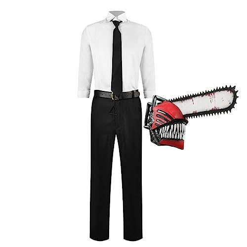 Jilijia Chainsaw Man Denji Cosplay Kostüm Komplettset Japanische Anime Uniform Schuloutfit mit Helm Weißes Hemd Hose Mann Outfit für Halloween Karneval Party von Jilijia