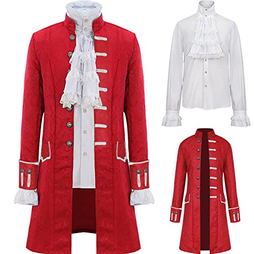 Jilijia Herren Steampunk Renaissance Uniform Set Trenchcoat Viktorianisch Edwardian Vintage Jacke Gehrock Pirat Vampir Cosplay Kostüm Outfits, rot, 4XL von Jilijia