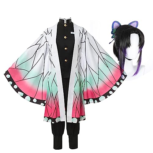 Jilijia Kochou Shinobu Cosplay Kostüm Japanischer Anime Kimono mit Perücke Komplettset Halloween Karneval Vorstellungsspiel Fancy Dress für Erwachsene und Kinder von Jilijia