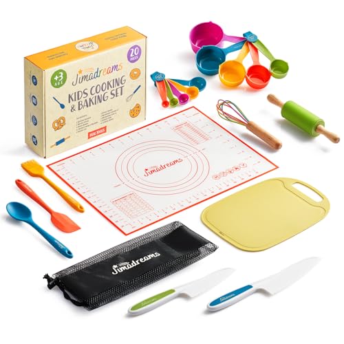 Jimadreams® Sicheres Kinder Küchenset mit Kindermesser – Echtes Montessori Küchenutensilien, Messer Set, Backset & Becherküche für Kinder ab 3 Jahren – Backen & Kochen mit Kindern von Jimadreams