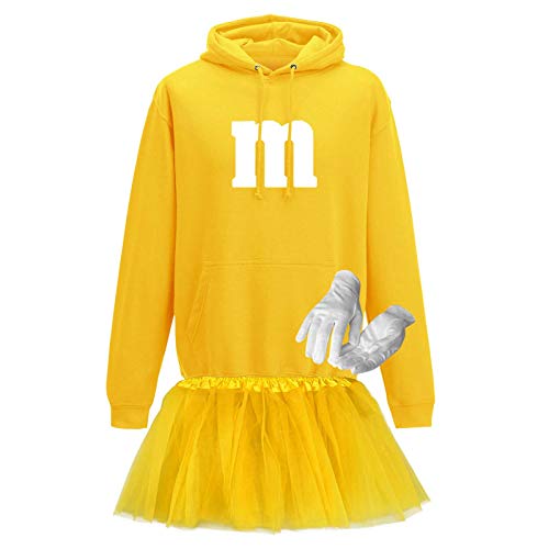 Jimmys Textilfactory Hoodie M&M Karneval Kostüm Set mit Tütü XS-5XL Herren Verkleidung Tütü Gruppenkostüm Partner Familie Fasching, Größe:S, Farbe:gelb - Logo weiss (+Handschuhe weiss/Tütü gelb) von Jimmys Textilfactory