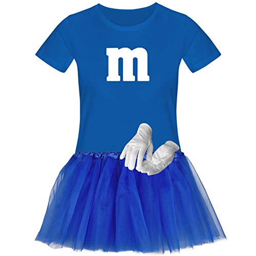 Jimmys Textilfactory T-Shirt M&M & Tüllrock Karneval Kostüm Set 11 Farben XS-3XL Damen Verkleidung Tütü Gruppenkostüm Familie Fasching, Gr.:XS, Farbe:royalblau (+Handsch. weiss/Tütü royalblau) von Jimmys Textilfactory