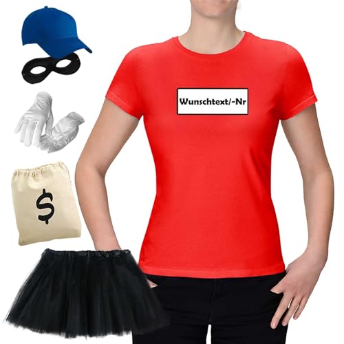 Jimmys Textilfactory T-Shirt & Tütü Panzerknacker Karneval Kostüm Set & Tüllrock XS-3XL Damen Verkleidung Fasching Outfit Rosenmontag, Größe:2XL, Set: Deluxe+ +Tütü SCHWARZ, Logo: Wunsch-Nr von Jimmys Textilfactory