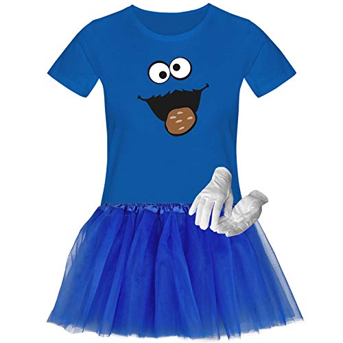 T-Shirt Krümelmonster mit Keks Kostüm Set + Tütü Tüllrock Karneval Damen XS - 3XL Fasching Verkleidung Gruppen Rosenmontag Sesamstraße, Größenauswahl:2XL, Setauswahl:PLUS Set (+Handschuhe) von Jimmys Textilfactory