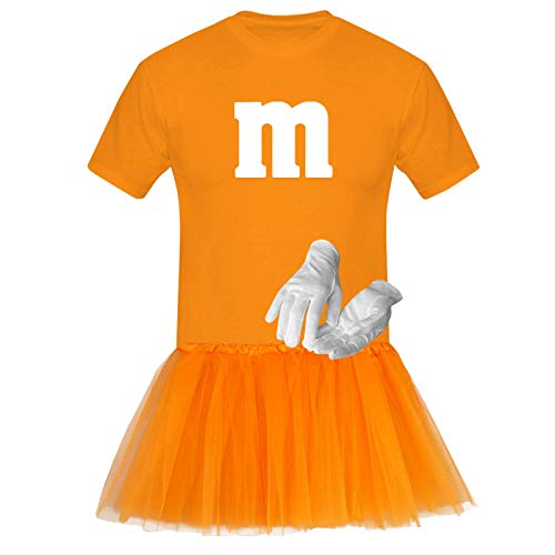 T-Shirt M&M + Tüllrock Karneval Gruppenkostüm Schokolinse 8 Farben Herren XS-5XL Fasching Verkleidung M's Fans Tanzgruppe , Gr.:2XL, Farbauswahl:orange - Logo weiss (+Handschuhe weis/Tütü orange) von Jimmys Textilfactory