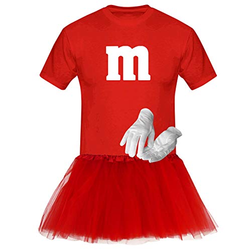 T-Shirt M&M + Tüllrock Karneval Gruppenkostüm Schokolinse 8 Farben Herren XS-5XL Fasching Verkleidung M's Fans Tanzgruppe , Gr.:M, Farbauswahl:rot - Logo weiss (+Handschuhe weiss/Tütü rot) von Jimmys Textilfactory