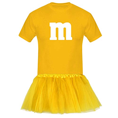 T-Shirt M&M + Tüllrock Karneval Gruppenkostüm Schokolinse 8 Farben Herren XS-5XL Fasching Verkleidung M's Fans Tanzgruppe , Größenauswahl:L, Farbauswahl:gelb - Logo weiss (+Tütü gelb) von Jimmys Textilfactory