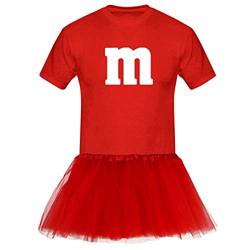 T-Shirt M&M + Tüllrock Karneval Gruppenkostüm Schokolinse 8 Farben Herren XS-5XL Fasching Verkleidung M's Fans Tanzgruppe , Größenauswahl:S, Farbauswahl:rot - Logo weiss (+Tütü rot) von Jimmys Textilfactory