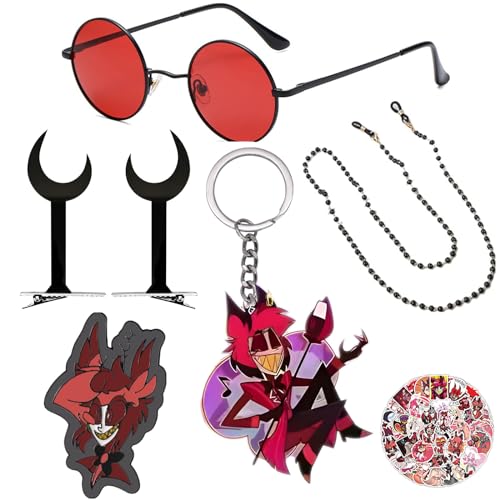 JinYu Alastor Rote Brille Anime Brille mit Kette Cosplay Kopfbedeckung Kostüm Haarspangen Requisite Schlüsselanhänger Pin 50 Stück Alastor Aufkleber für Fans von JinYu