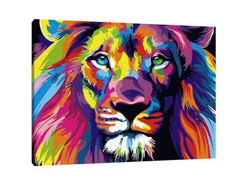 JingZhouYang Malen nach Zahlen für Kinder, Erwachsene und Anfänger, Mal-Geschenk-Kits, 40 x 30 cm, Corlorful Lion, Woonden, gerahmt von JingZhouYang