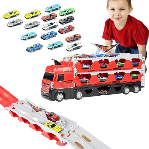 Autotransporter-Spielzeug für Kinder, Big Hauler Transporter Truck Spielzeugset,Transport-LKW-Spielzeug mit Auswurf-Rennstrecke und Mini-Rennwagen aus Legierung - Kinderspiel-LKW, Transporter-LKW-Spie von Jingmiger