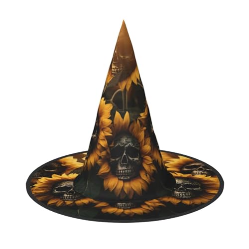 Jingong Sonnenblumen-Halloween-Totenkopf-Druck, Halloween-Hexenhut, faltbarer Spitzhut, Partyzubehör, Halloween-Kostüm-Zubehör von Jingong