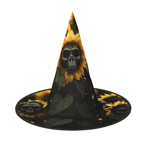 Jingong Sonnenblumen-Halloween-Totenkopf-Druck, Halloween-Hexenhut, faltbarer Spitzhut, Partyzubehör, Halloween-Kostüm-Zubehör von Jingong