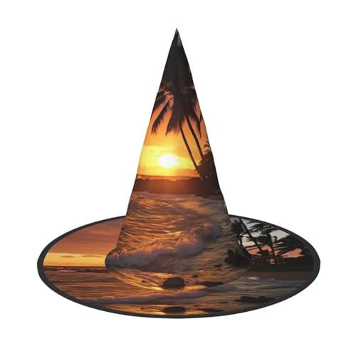 Jingong Sonnenuntergang Hawaiianische Palme Wellen Druck Halloween Hexenhut Faltbarer Spitzhut Partyzubehör Halloween Kostüm Zubehör von Jingong