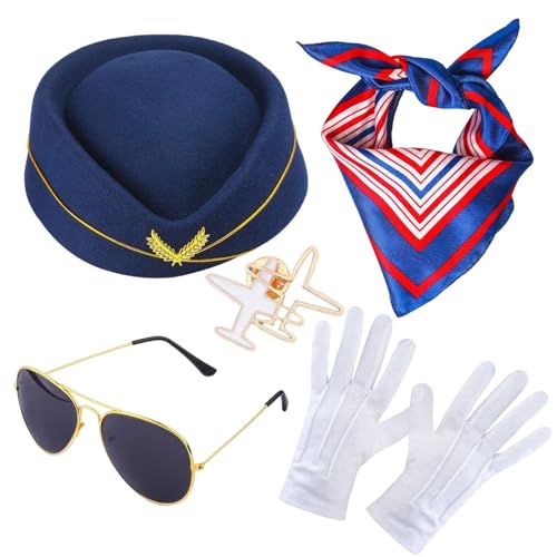 Flugbegleiterin Accessoires für Damen, 5 Stück Stewardess Kostüm Zubehör, Stewardessen Mütze mit Schal, Sonnenbrille, Flugzeugbrosche und Handschuhe, Stewardess Cosplay Kostüme Zubehör für Frauen von Jingyash