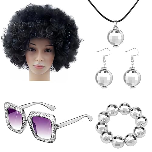 Jingyash 70er-Jahre-Disco-Accessoires für Damen,Disco-Schmuck für Damen 70er-Jahre, Rapper Kostüm 70er Jahre Disco Kostüm Set Discokugel Zubehör, Discokugel-Zubehör, Sonnenbrille, Armband, von Jingyash