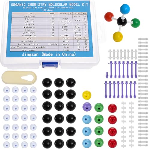 Jingzan 136-teiliger Modellbausatz für organische Chemie, Chemie-Molekülmodellbausatz für Schüler oder Lehrer – 59 Atome und 76 Bindungen und 1 Werkzeug zum Entfernen kurzer Verbindungen von Jingzan
