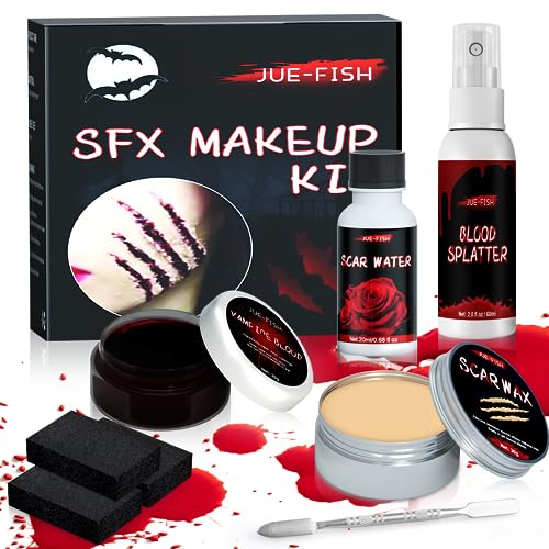 Jinhuaxin Halloween Make Up Set Kunstblut Halloween Wunden Halloween Spezialeffekt Make Up Set 1 Narbenwachs 1 kunstblut Spray 1 Kunstblutgel 1 Narbenwasser 3 Kratzschwamm 1 Spatel-Werkzeug von Jinhuaxin