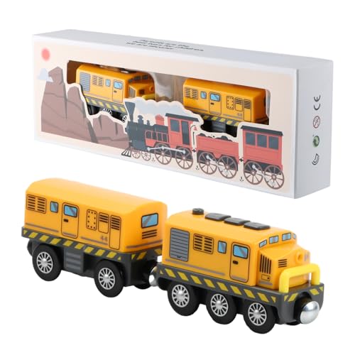 Jinlaili Eisenbahn Zug Elektrische, Batteriebetriebenes Zugset Kinder, Lokomotivzug Magnetverbindung, Holzeisenbahn Spielzeug Kinder, Spielzeugauto mit Frontscheinwerfern und Sound, Gelb von Jinlaili