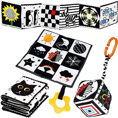 Jiosdo Baby Spielzeug 0-3 Monate, Kontrast Spielzeug Baby Stoffbuch Knistertuch Würfel, Kontrastbuch Schwarz Weiß, Black & White Kinderwagen Spielzeug Geschenksets Babyspielzeug 0 3 6 12 Monate(3PCS) von Jiosdo