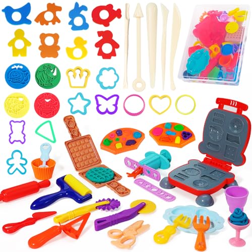 Jiosdo Knetwerkzeug, 48 Stück Knete Zubehör Kitchen Creations Burger Pasta Küchenspielset, Kinder Plastilin Werkzeuge Knete Ausstechformen, Lernspielzeug für Jungen Mädchen (mit Aufbewahrungsbox) von Jiosdo