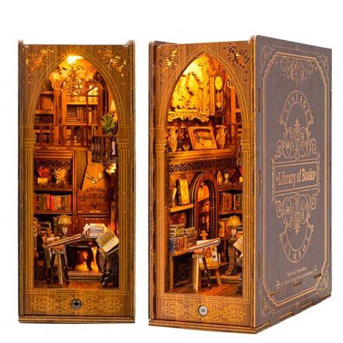 Jioustoy DIY Book Nook Kit für Erwachsene, Booknook Puppenhaus Miniatur Tiny House Kit 3D Holzpuzzle Buchstütze mit LED für Bücherregaleinsatz Dekor, kreatives Geschenk für Teenager und Erwachsene von Jioustoy