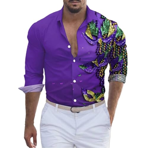 Jipersuo Karneval Kostüm Herren Mardi Langarm-Hemd mit Zahlen, 3D-gedrucktes Langarm-Hemdoberteil mit Knopf Party Klamotten (Purple, L) von Jipersuo