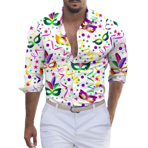 Jipersuo Karneval Kostüm Herren Mardi Langarm-Hemd mit Zahlen, 3D-gedrucktes Langarm-Hemdoberteil mit Knopf Party Klamotten (White, L) von Jipersuo