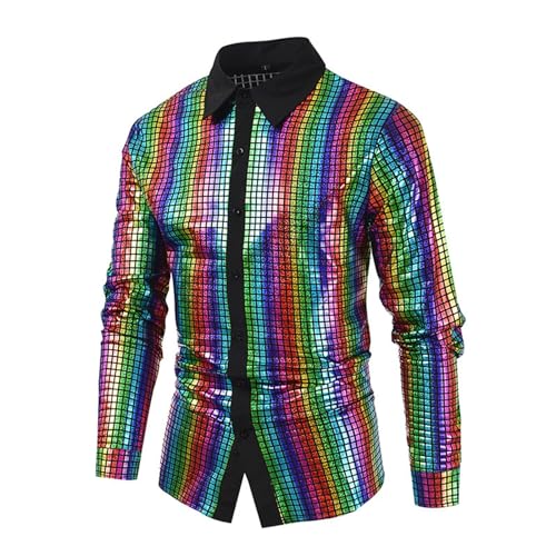 Karneval Kostüm 70er-Jahre-Disco-Party-Kostüm für Herren, Gold, Silber, mehrfarbig, Regenbogen, kariert, Pailletten, Aufdruck, langärmlig, Button-Down-Hemden, Outfits Herren Kleidung (Blue, L) von Jipersuo