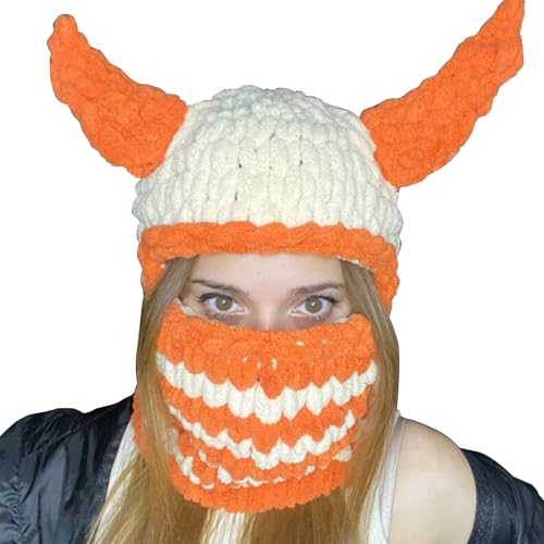 Jiqoe Neuheit Gesichtsbedeckung Plüsch Horn Kappe Frauen Winter Warme Mütze Erwachsene Halloween Party Kostüm Camping Cap von Jiqoe