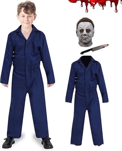 Jirmerp Michael Myers Kostüm Kinder Horror Michael Myers Maske und Messer Halloween Cosplay Overall Overalls Requisiten Cosplay Outfits Set (Graue Maske + Outfit, M) von Jirmerp