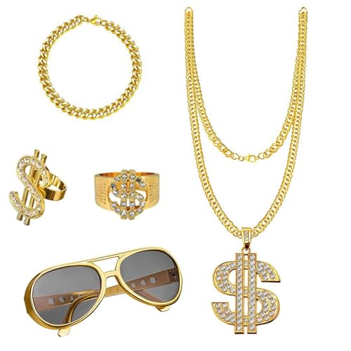 Jisrcha 70er 80er 90er Jahre Accessoires, 5 Stück Set Hip Hop Schmuck, 80er 90er Jahre Herren Hip Hop Mafia Kostüm Herren, Accessoire für Kostüm Karneval Mottoparty (A) von Jisrcha