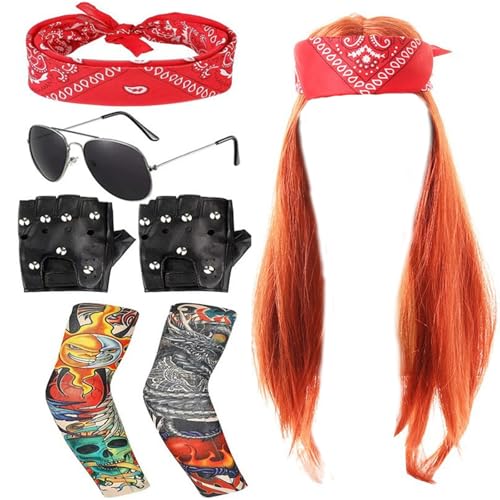 Jisrcha Silvester Kostüm Accessories, 5 Stück rocker outfit herren, 70er 80er Jahre KostüM Okuhila Perücke Herren, Hippie Kostüm Herren, Disco Sonnenbrille Vokuhila Perücke für Rollenspiel(B) von Jisrcha