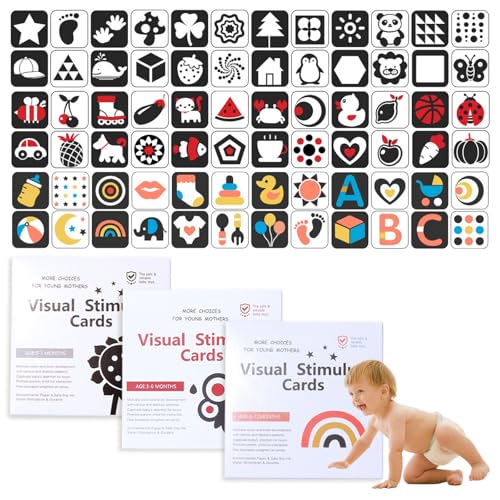 Jisrcha Spielzeug 0-12 Monate Kontrastkarten Baby, 48 Pcs Schwarz Weiß Kontrastbuch Baby, Kontrast Spielzeug Baby für Visuelle Stimulation und Entwicklung des Gehirns von Jisrcha