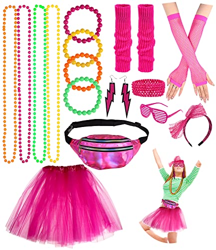 Jissta 80 90 Jahre Outfit Damen,Stirnband Ohrring Halskette Brille Tutu, Gürteltasche, 80er Kostüme Accessoires,für Frauen Mädchen Erwachsene 80 Jahre Thema Party Karneval Fasching von Jissta