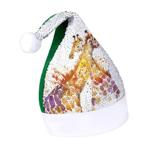 JiuPopular Pailletten-Weihnachtsmütze für Erwachsene, Aquarell-Giraffen-Hut für verschiedene Feiertagspartys von JiuPopular